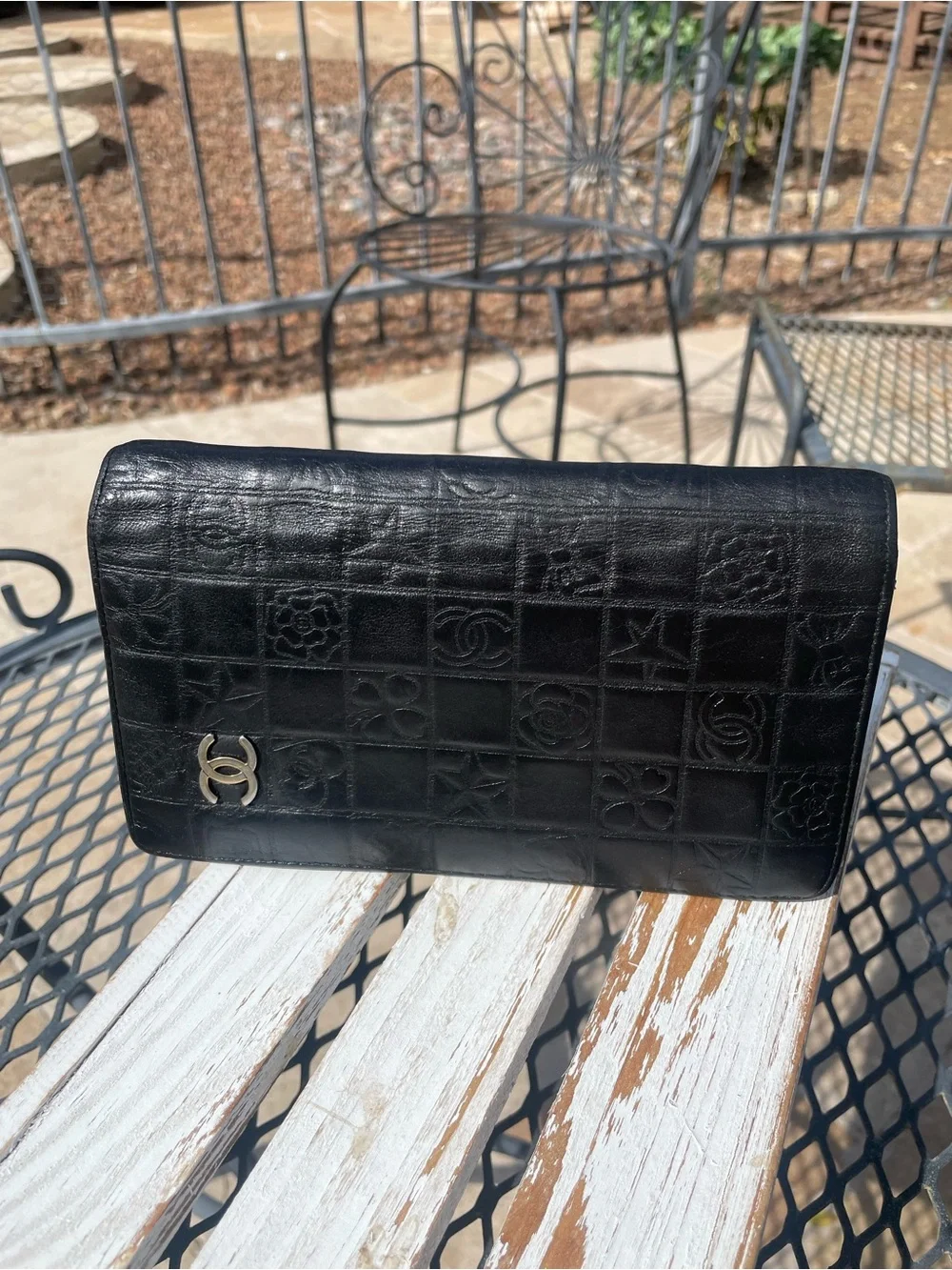 CHANEL Black Quilted Embossed Leather Wallet Clutch with Gold CC